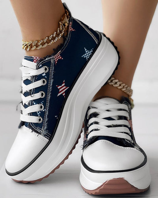 Independence Day Star Print Raw Hem Muffin Sneakers