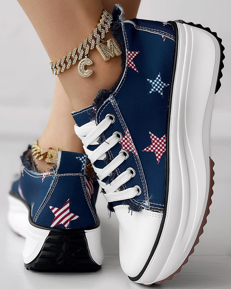 Independence Day Star Print Raw Hem Muffin Sneakers