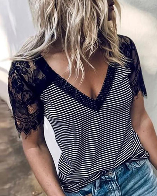 Eyelash Lace Striped Short Sleeve T shirt