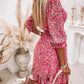 Pink Ditsy Floral Print Lantern Sleeve Ruffles Shirred Dress