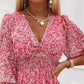 Pink Ditsy Floral Print Lantern Sleeve Ruffles Shirred Dress