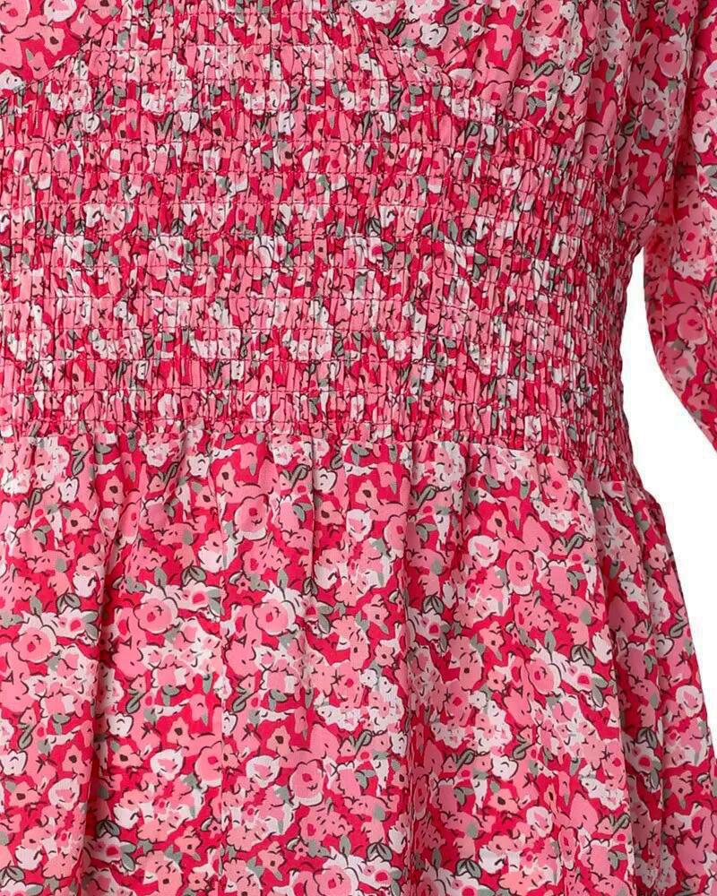 Pink Ditsy Floral Print Lantern Sleeve Ruffles Shirred Dress