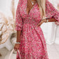 Pink Ditsy Floral Print Lantern Sleeve Ruffles Shirred Dress