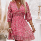 Pink Ditsy Floral Print Lantern Sleeve Ruffles Shirred Dress