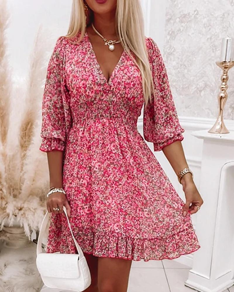 Pink Ditsy Floral Print Lantern Sleeve Ruffles Shirred Dress