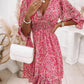 Pink Ditsy Floral Print Lantern Sleeve Ruffles Shirred Dress