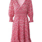 Pink Ditsy Floral Print Lantern Sleeve Ruffles Shirred Dress