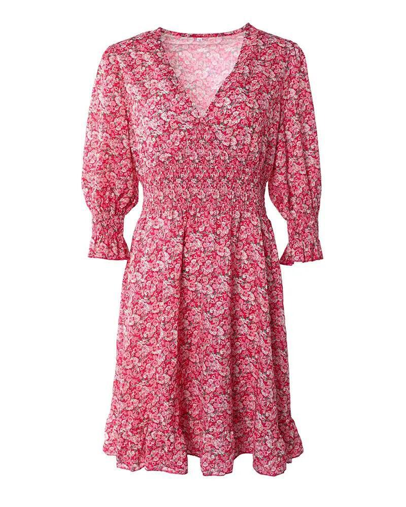 Pink Ditsy Floral Print Lantern Sleeve Ruffles Shirred Dress