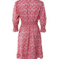 Pink Ditsy Floral Print Lantern Sleeve Ruffles Shirred Dress