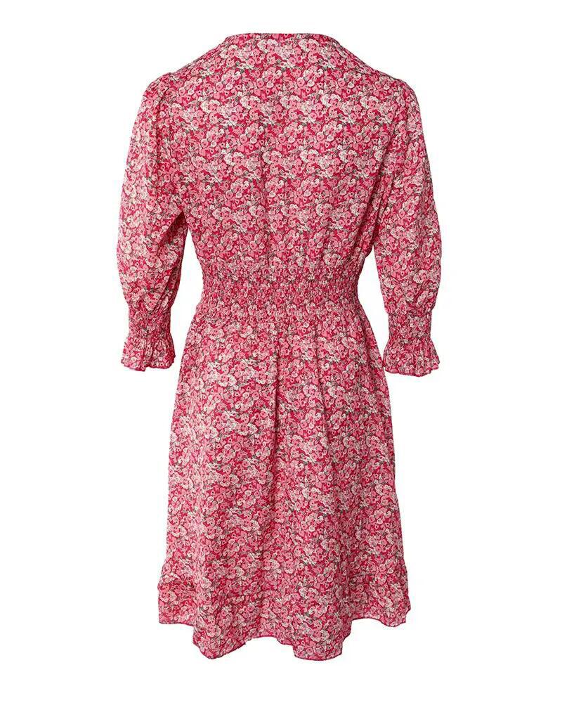 Pink Ditsy Floral Print Lantern Sleeve Ruffles Shirred Dress