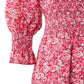 Pink Ditsy Floral Print Lantern Sleeve Ruffles Shirred Dress