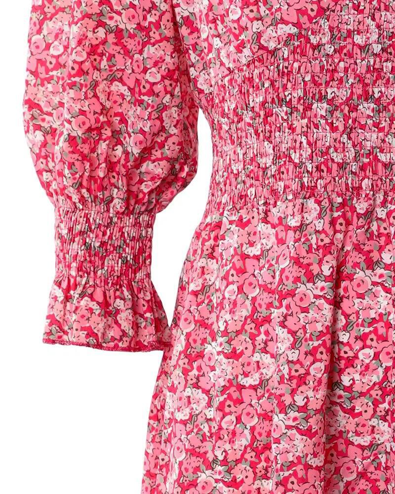 Pink Ditsy Floral Print Lantern Sleeve Ruffles Shirred Dress