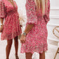 Pink Ditsy Floral Print Lantern Sleeve Ruffles Shirred Dress