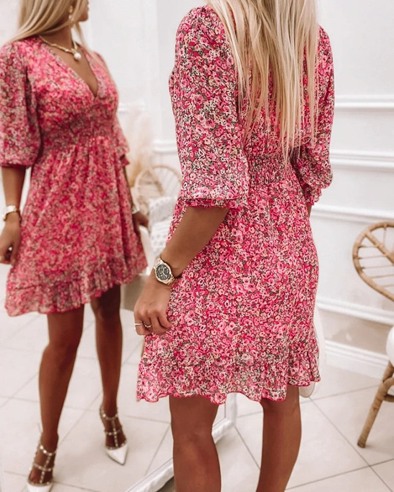 Pink Ditsy Floral Print Lantern Sleeve Ruffles Shirred Dress