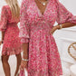 Pink Ditsy Floral Print Lantern Sleeve Ruffles Shirred Dress