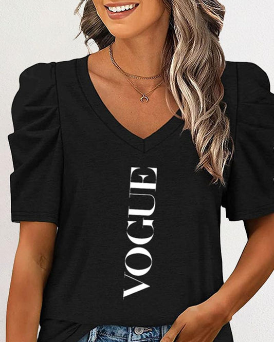 Letter Print V Neck Puff Sleeve Casual T shirt