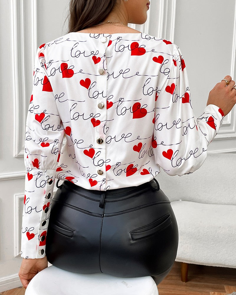 Colorblock Heart Love Print Buttoned Top