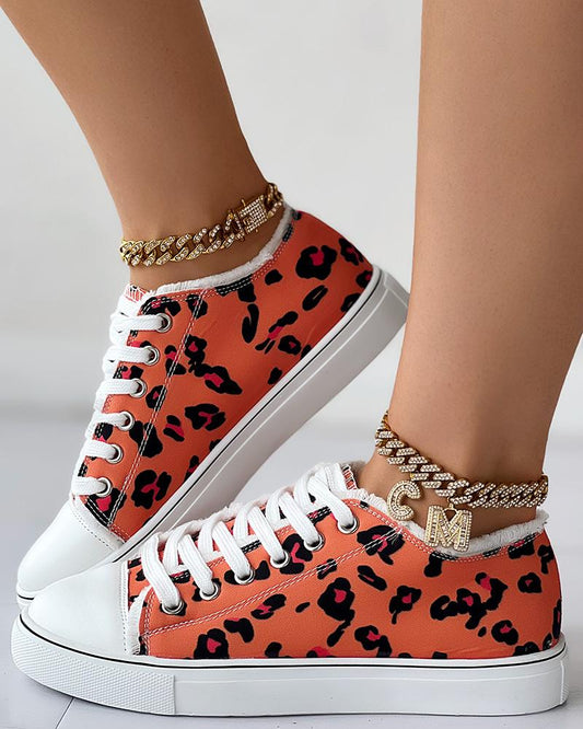 Leopard Print Raw Hem Lace up Canvas Sneakers