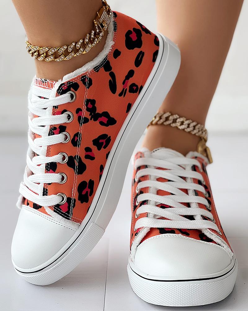 Leopard Print Raw Hem Lace up Canvas Sneakers