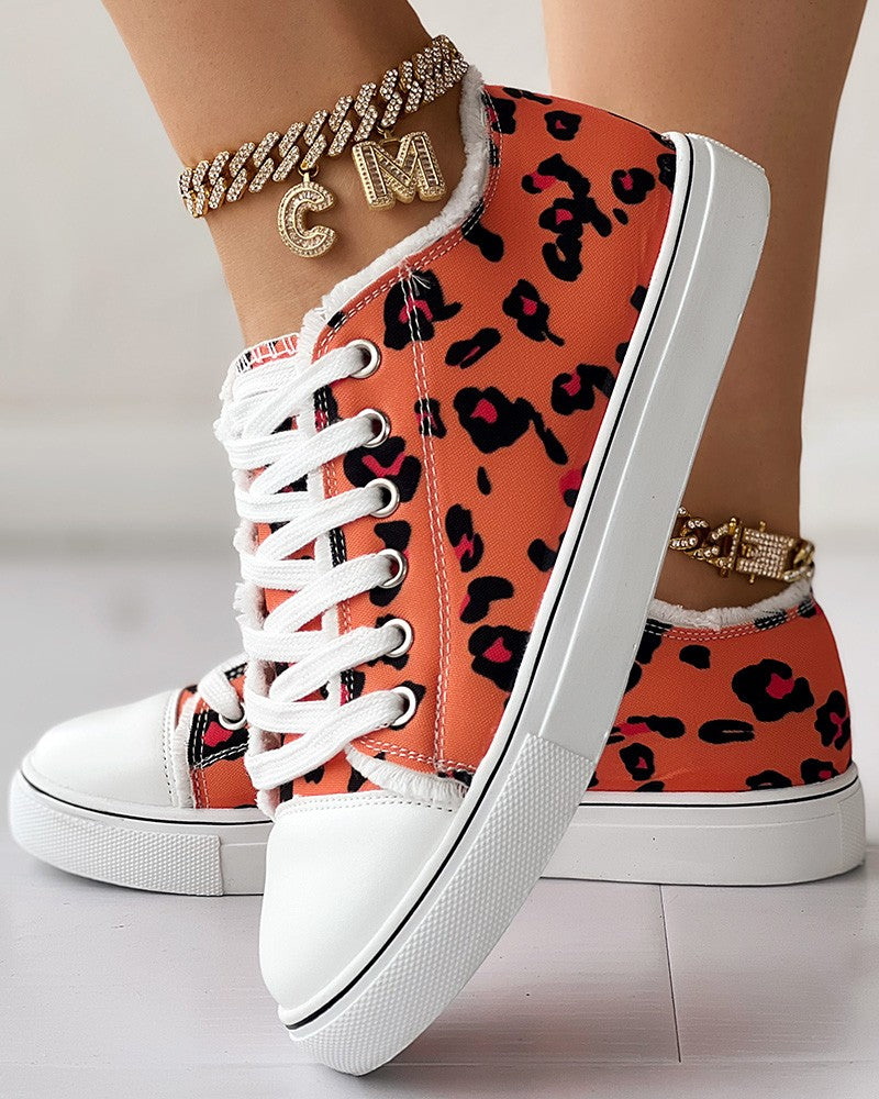 Leopard Print Raw Hem Lace up Canvas Sneakers