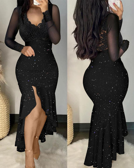 Glitter Contrast Lace Long Sleeve Mermaid Dress