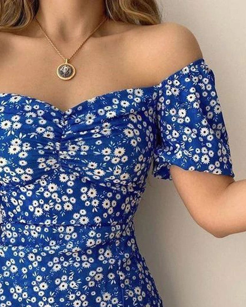 Ditsy Floral Print Off Shoulder High Slit Dress