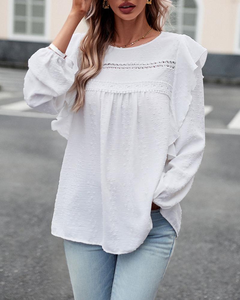 Swiss Dot Round Neck Ruffle Hem Top