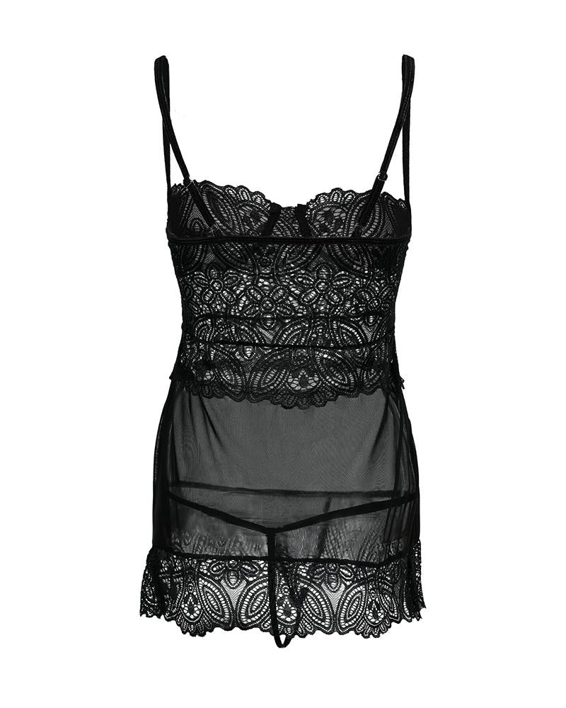 Spaghetti Strap Crochet Lace Sheer Mesh Babydoll With Panty