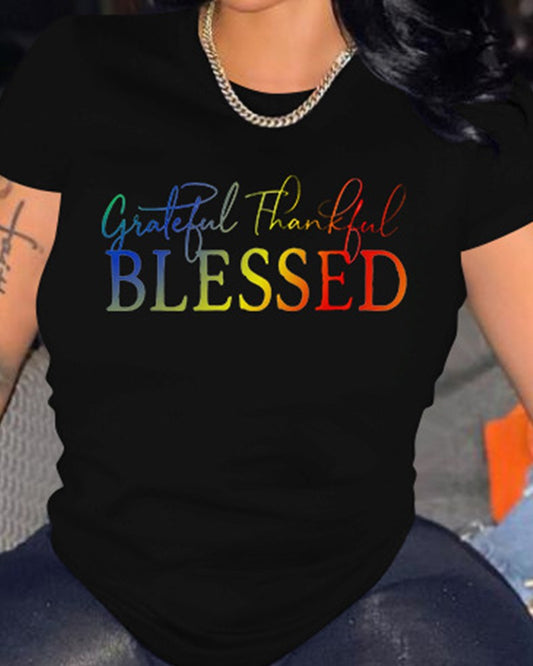 Grateful Thankful Blessed Ombre Letter Print Casual T shirt