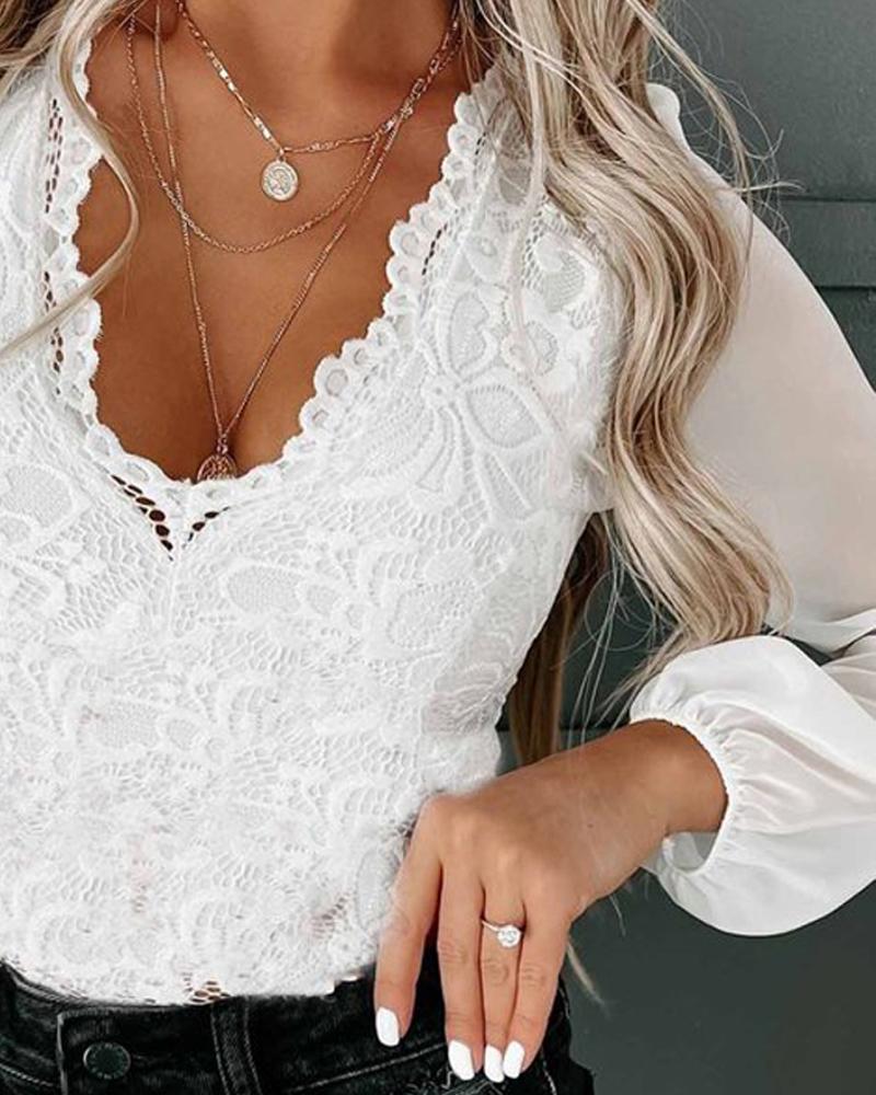 Contrast Mesh Long Sleeve Lace Top