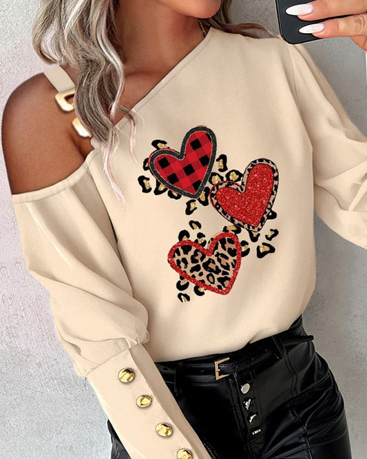 Heart Leopard Plaid Print Cold Shoulder Top