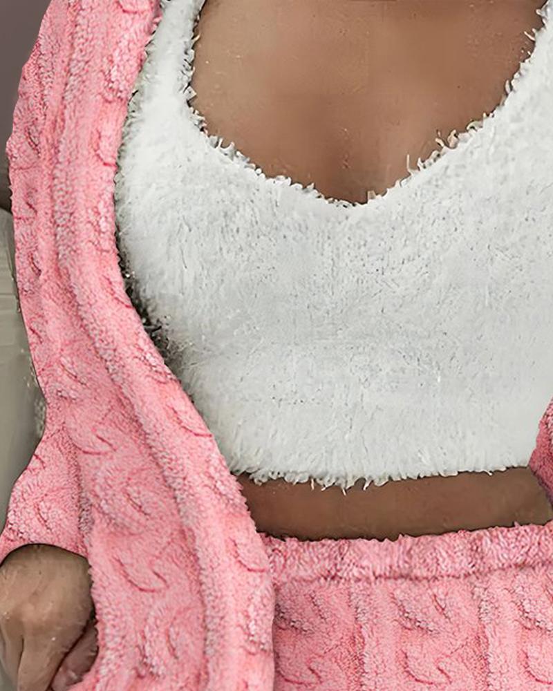 Fuzzy Textured Fleece Open Front Coat & Shorts Set