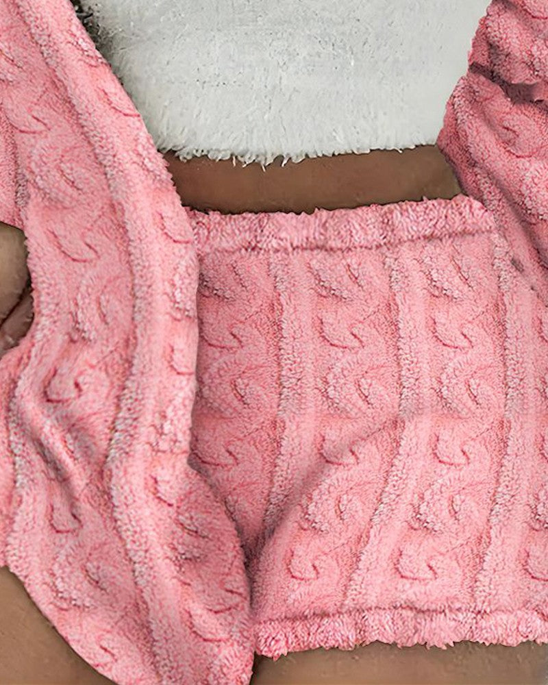 Fuzzy Textured Fleece Open Front Coat & Shorts Set