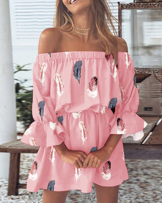 Feather Print Off Shoulder Bell Sleeve Casual Dress