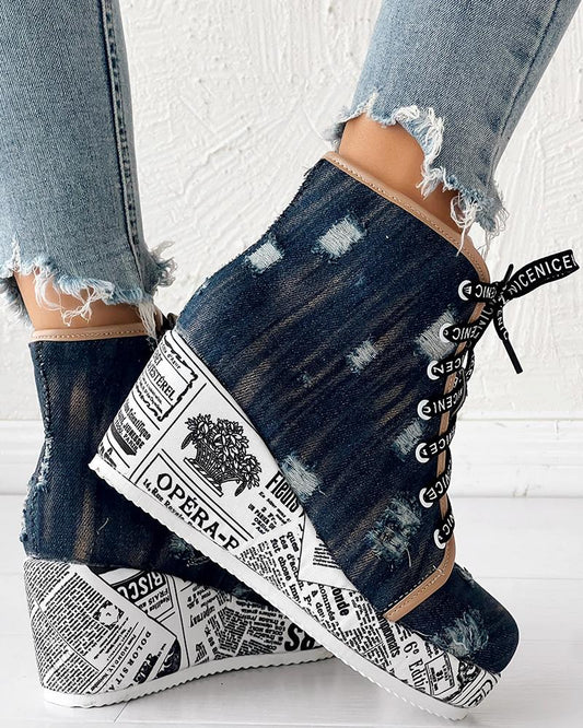 Newpaper Platform Washed Denim Ripped Wedge Ankle Boots