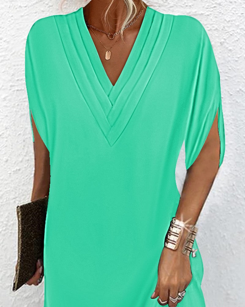 Half Sleeve V Neck Ruched Casual Dress