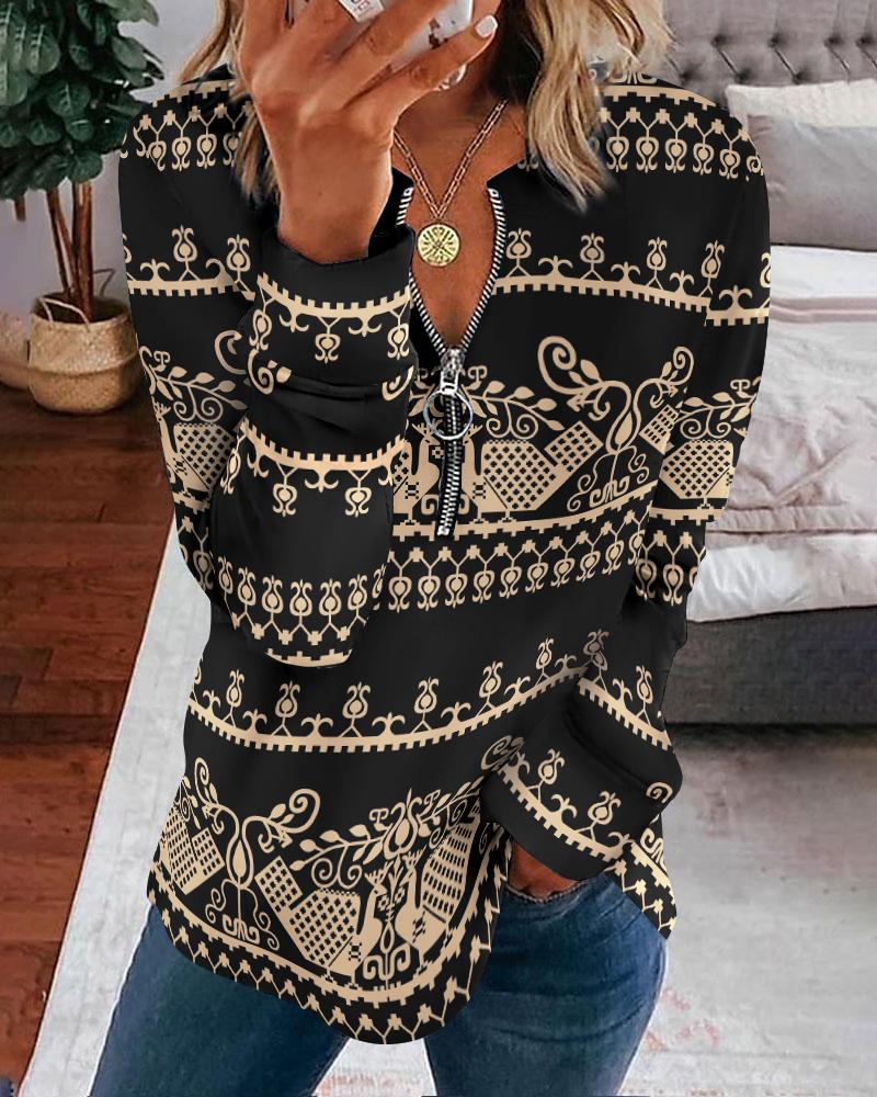 Tribal Print Zip Detail Long Sleeve Top