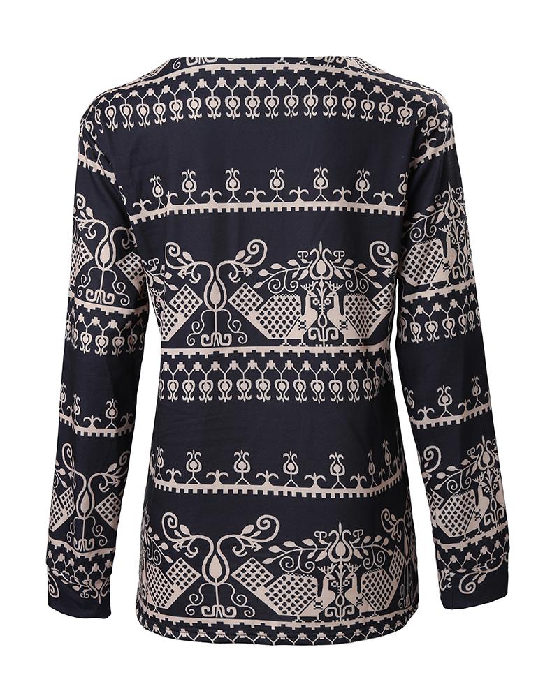 Tribal Print Zip Detail Long Sleeve Top