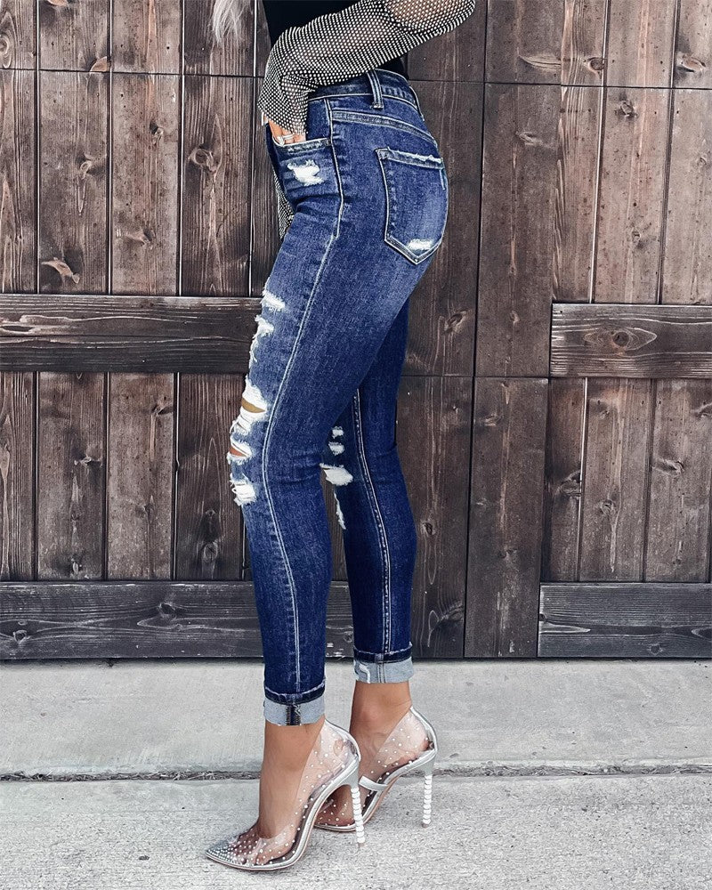 Zipper Fly Cutout Ripped Skinny Jeans