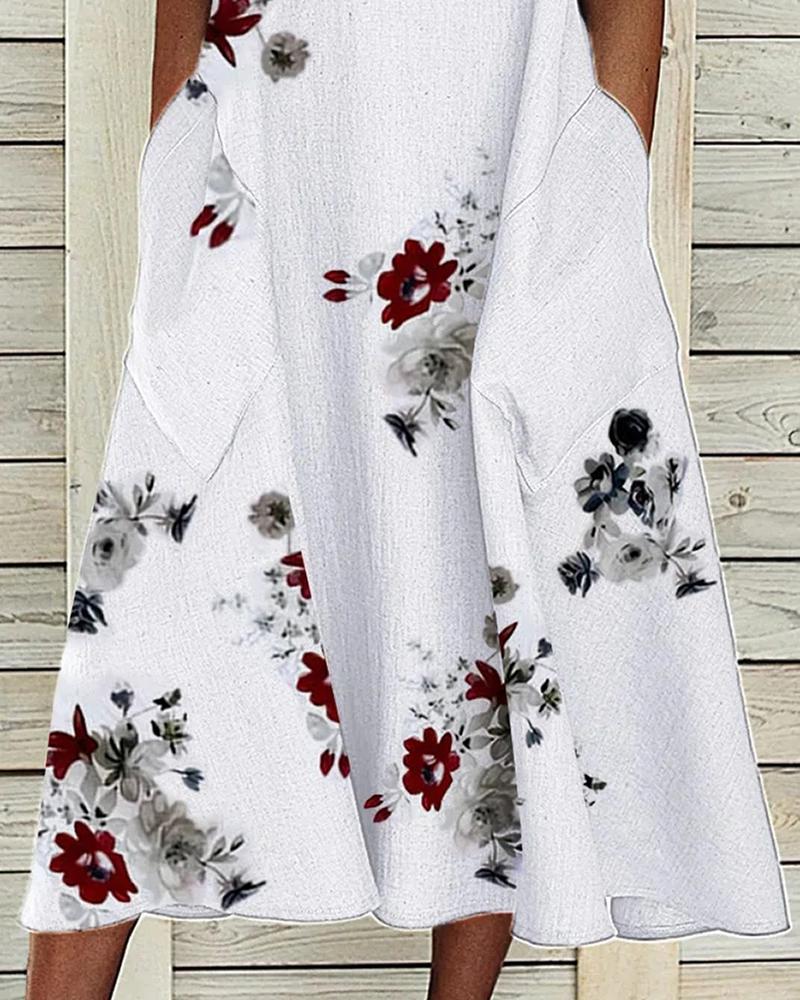 Floral Print Pocket Design Casual Swing Dress