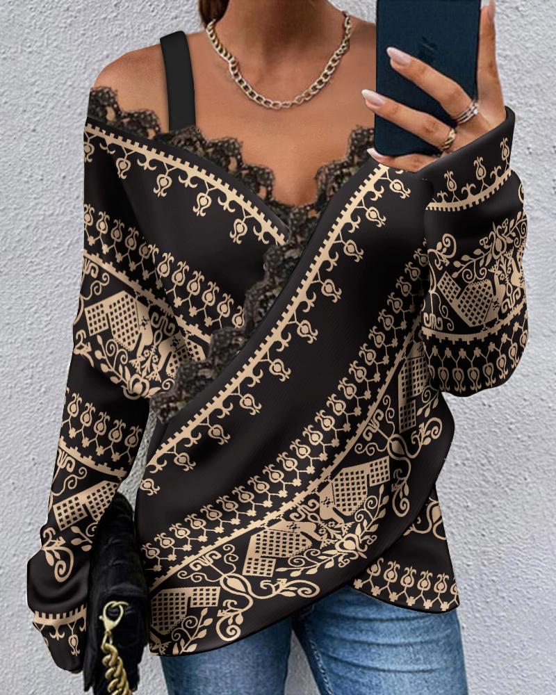 Tribal Print Contrast Lace Cold Shoulder Wrap Top