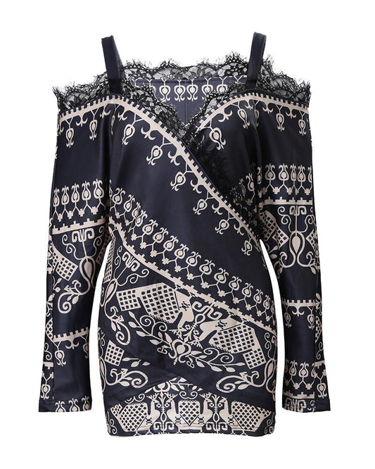 Tribal Print Contrast Lace Cold Shoulder Wrap Top