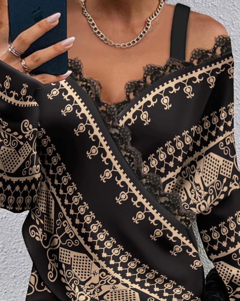 Tribal Print Contrast Lace Cold Shoulder Wrap Top