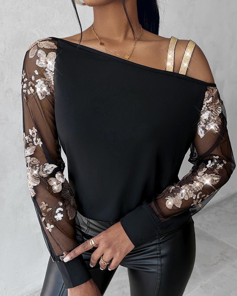 Mesh Patch Floral Sequin Cold Shoulder Top