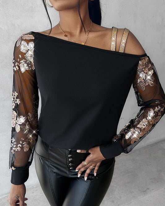 Mesh Patch Floral Sequin Cold Shoulder Top