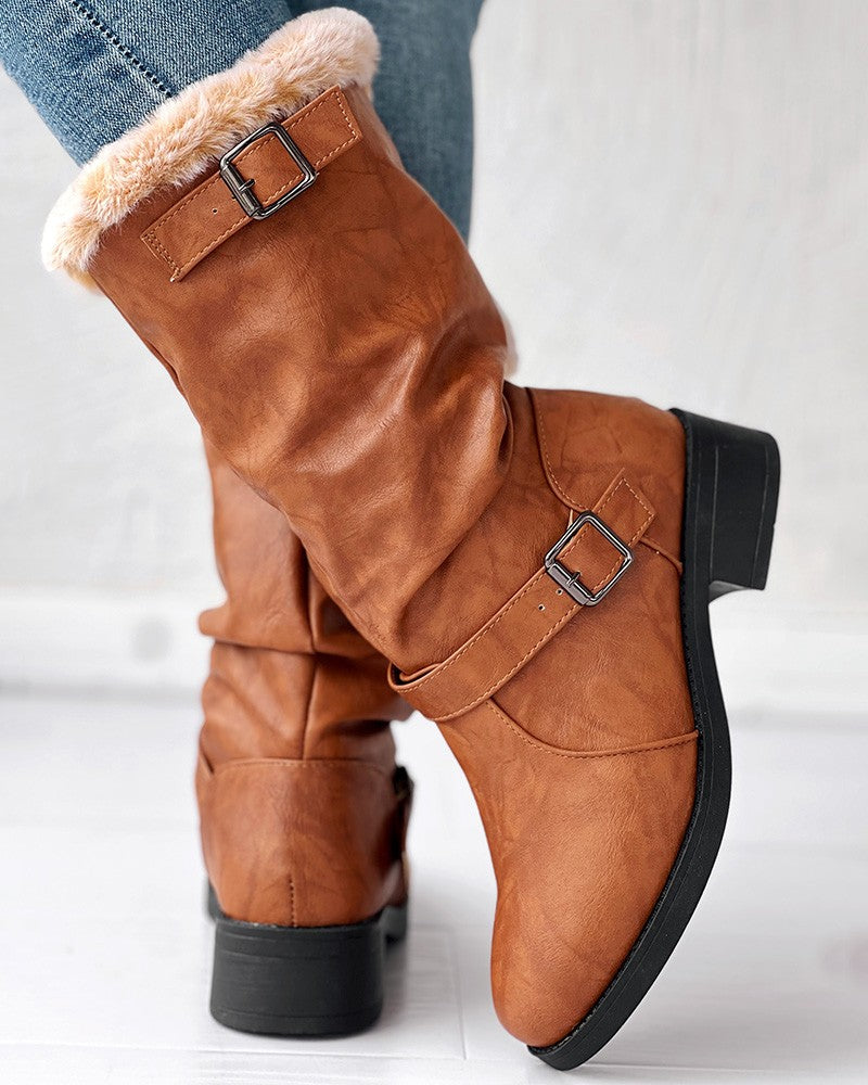 Buckled Lined Chunky Heel Vintage Ankle Boots