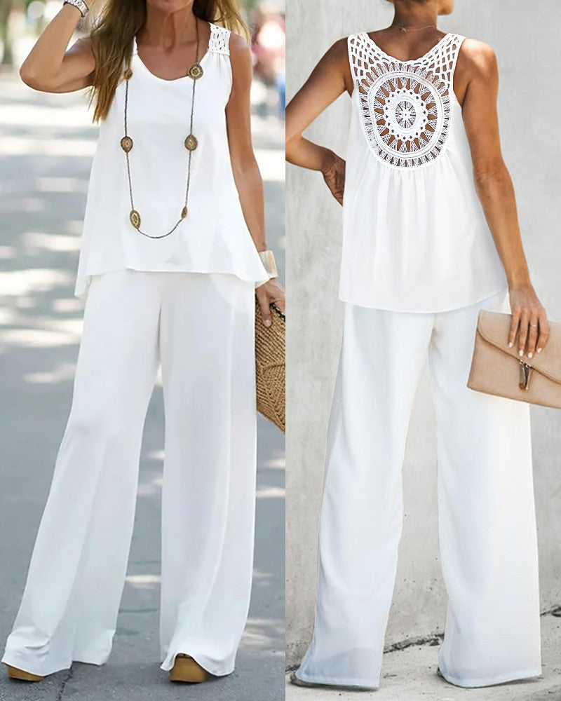 Hollow Out Tank Top & Wide Leg Pants Set