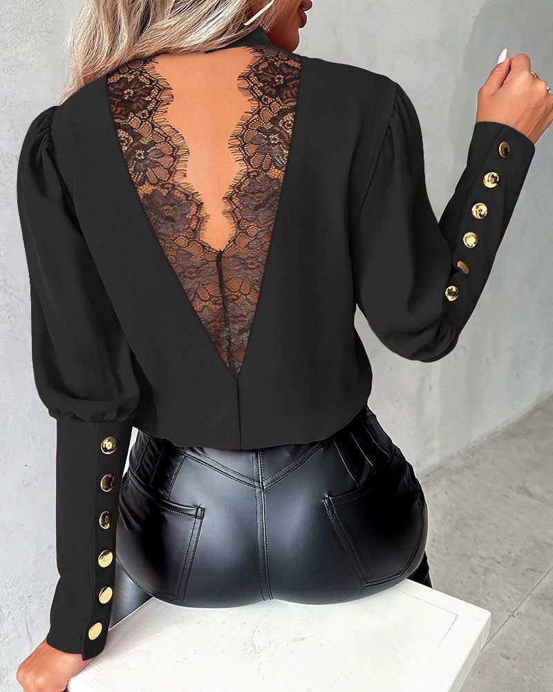 Eyelash Lace Patch Buttoned Top