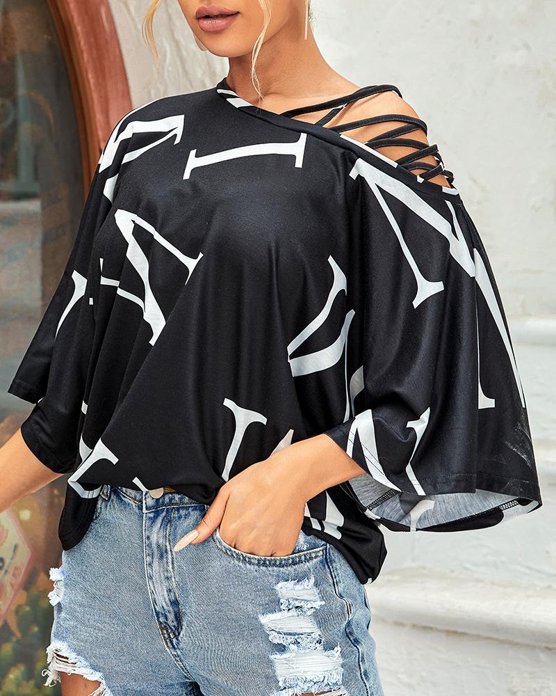 Letter Print Cold Shoulder Bell Sleeve Top