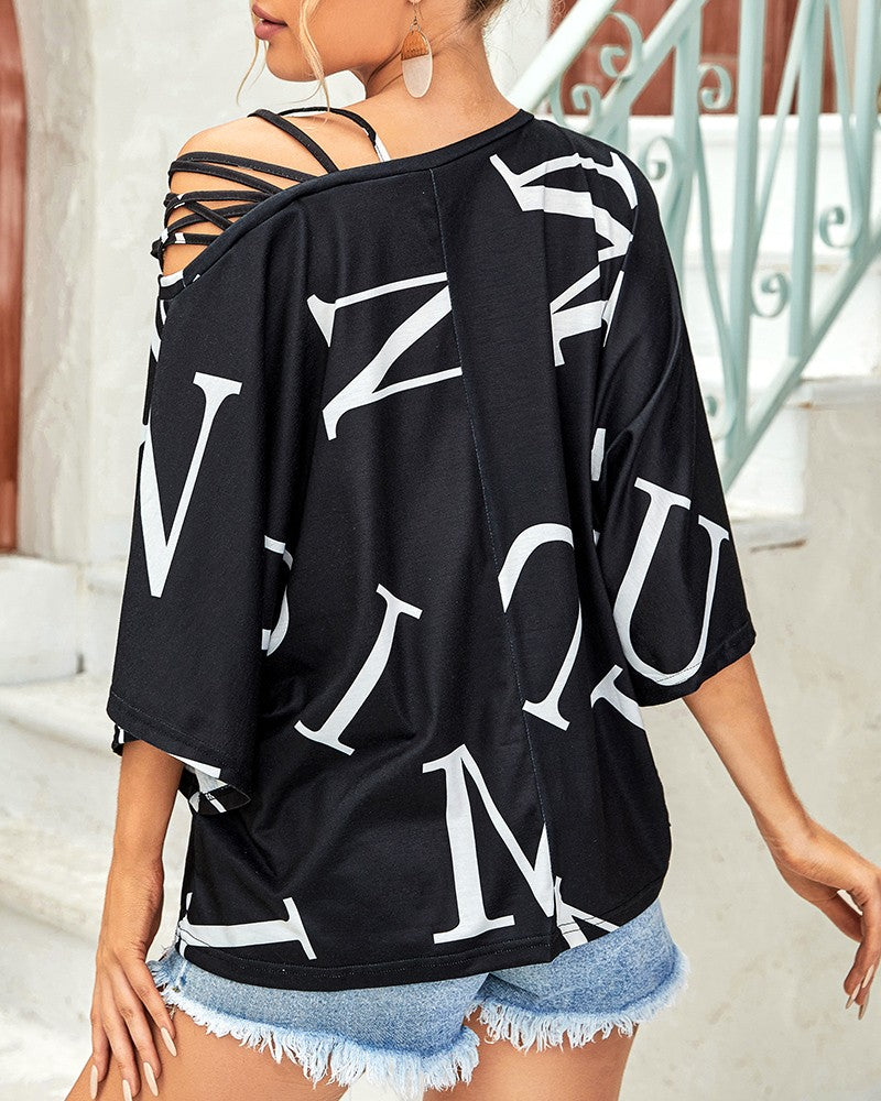 Letter Print Cold Shoulder Bell Sleeve Top